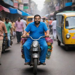 Rohit Sharma personified as a plump figure, playfully attempting to navigate a bustling Indian street, amidst the colorful array of street vendors, auto-rickshaws and pedestrians.