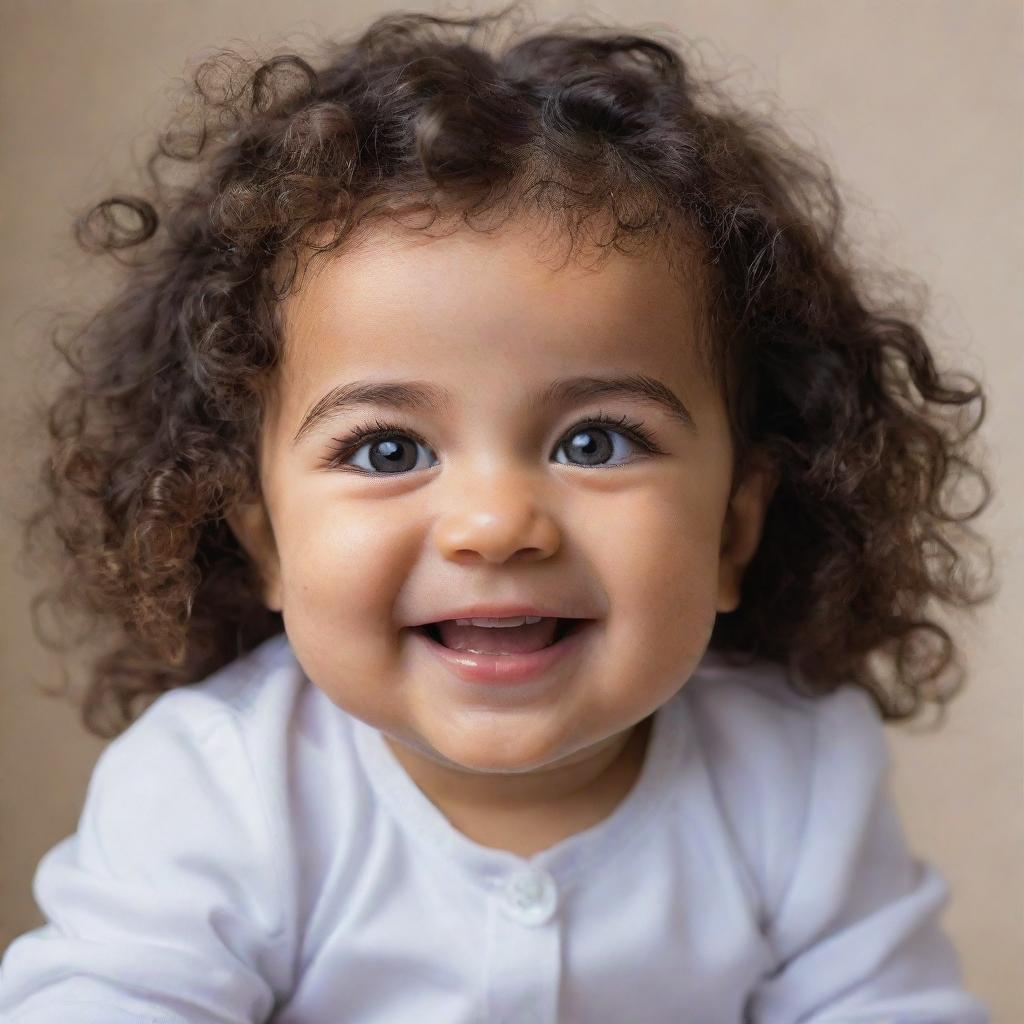 Create an adorable image of a small Persian baby girl with dark curly hair, expressive eyes, and a joyous smile.