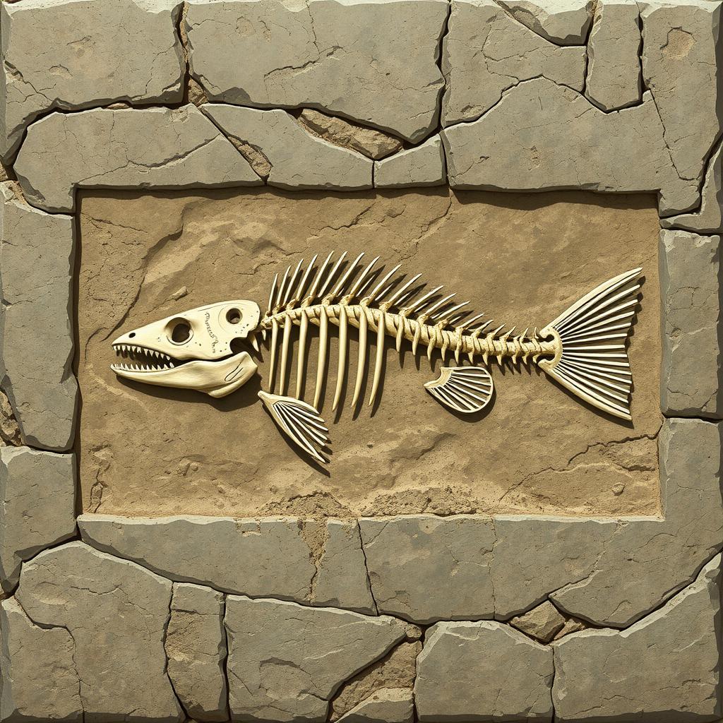 A detailed 2D illustration of a piranha skeleton displayed as a fossil within a rectangular stone matrix