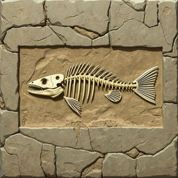 A detailed 2D illustration of a piranha skeleton displayed as a fossil within a rectangular stone matrix