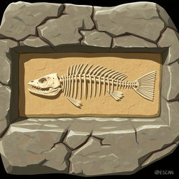 A detailed 2D illustration of a piranha skeleton displayed as a fossil within a rectangular stone matrix