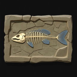 A detailed 2D illustration of a piranha skeleton displayed as a fossil within a rectangular stone matrix