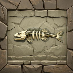 A detailed 2D illustration of a piranha skeleton displayed as a fossil within a rectangular stone matrix