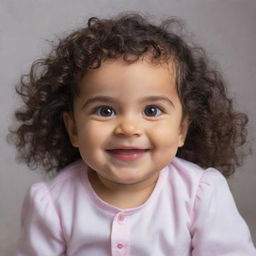 Create an adorable image of a small Persian baby girl with dark curly hair, expressive eyes, and a joyous smile.