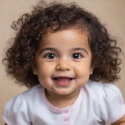 Create an adorable image of a small Persian baby girl with dark curly hair, expressive eyes, and a joyous smile.