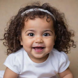 Create an adorable image of a small Persian baby girl with dark curly hair, expressive eyes, and a joyous smile.