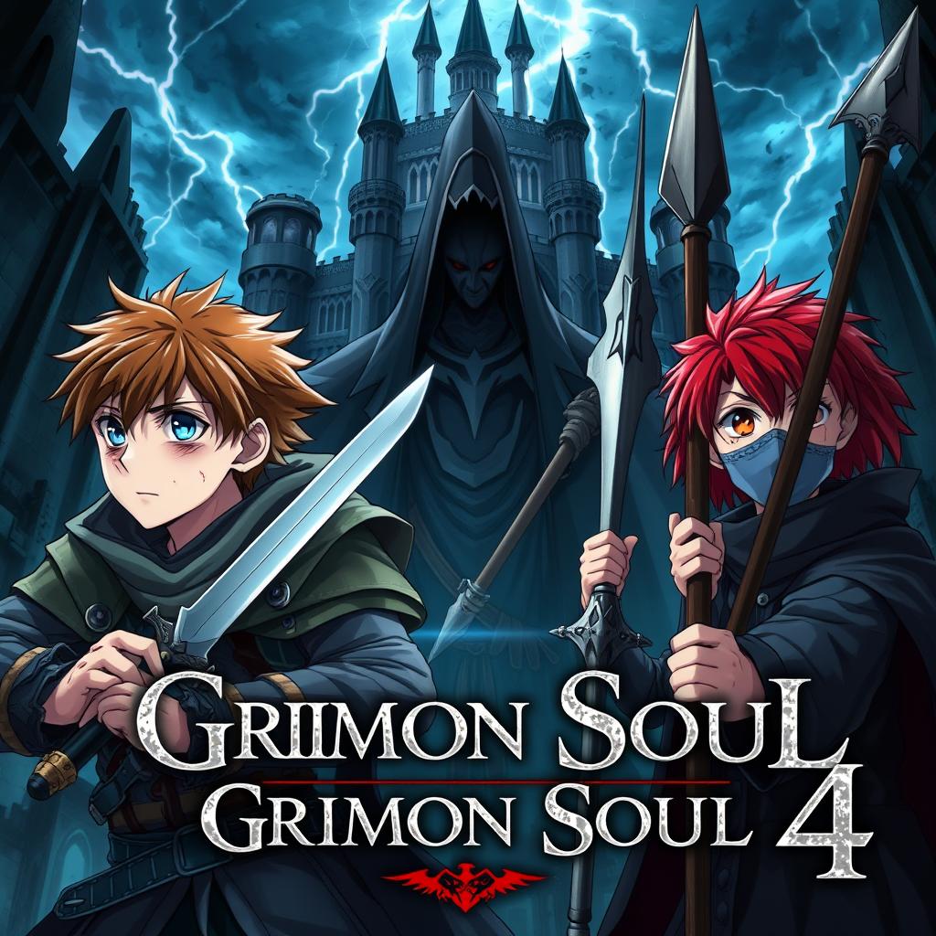 Dark fantasy anime cover titled 'Grimon Soul 4', featuring two 18-year-old boys: a warrior with brown hair, blue eyes, holding a sword, looking wounded and scared, alongside a paladin with red hair, brown eyes, wielding an iron spear, also wounded and frightened