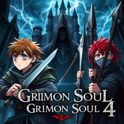 Dark fantasy anime cover titled 'Grimon Soul 4', featuring two 18-year-old boys: a warrior with brown hair, blue eyes, holding a sword, looking wounded and scared, alongside a paladin with red hair, brown eyes, wielding an iron spear, also wounded and frightened