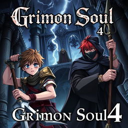 Dark fantasy anime cover titled 'Grimon Soul 4', featuring two 18-year-old boys: a warrior with brown hair, blue eyes, holding a sword, looking wounded and scared, alongside a paladin with red hair, brown eyes, wielding an iron spear, also wounded and frightened