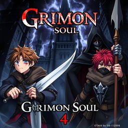 Dark fantasy anime cover titled 'Grimon Soul 4', featuring two 18-year-old boys: a warrior with brown hair, blue eyes, holding a sword, looking wounded and scared, alongside a paladin with red hair, brown eyes, wielding an iron spear, also wounded and frightened