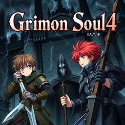 Dark fantasy anime cover titled 'Grimon Soul 4', featuring two 18-year-old boys: a warrior with brown hair, blue eyes, holding a sword, looking wounded and scared, alongside a paladin with red hair, brown eyes, wielding an iron spear, also wounded and frightened