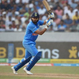 Rohit Sharma in action as an Indian cricketer, batting with immense concentration on the pitch, mid-swing in full cricket gear against a backdrop of a packed stadium.