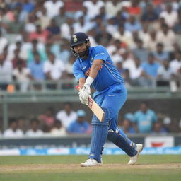 Rohit Sharma in action as an Indian cricketer, batting with immense concentration on the pitch, mid-swing in full cricket gear against a backdrop of a packed stadium.