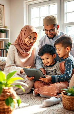 A warm and inviting depiction of a Muslim family engaging with technology in a nurturing environment