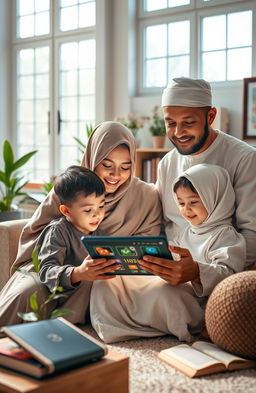 A warm and inviting depiction of a Muslim family engaging with technology in a nurturing environment