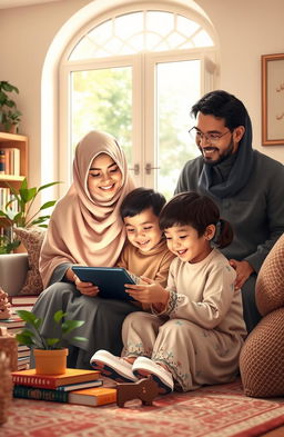 A warm and inviting depiction of a Muslim family engaging with technology in a nurturing environment