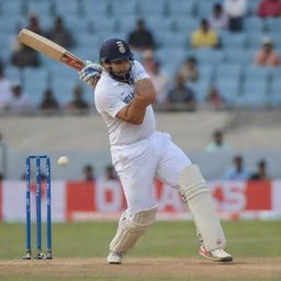 Rohit Sharma in action as an Indian cricketer, batting with immense concentration on the pitch, mid-swing in full cricket gear against a backdrop of a packed stadium.