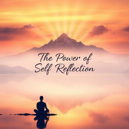 A compelling book cover design for the title 'The Power of Self Reflection', featuring a serene landscape with a calm lake reflecting a majestic mountain range at sunset