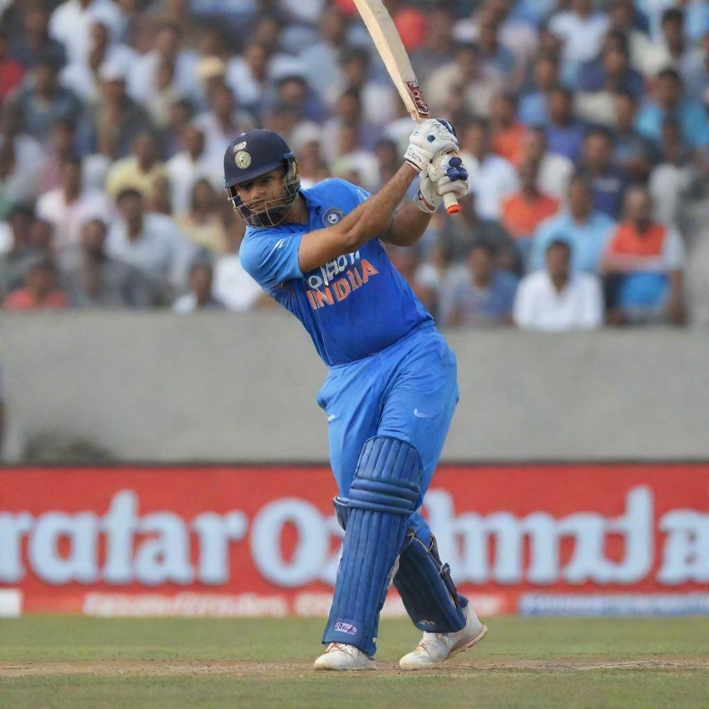 Rohit Sharma in action as an Indian cricketer, batting with immense concentration on the pitch, mid-swing in full cricket gear against a backdrop of a packed stadium.