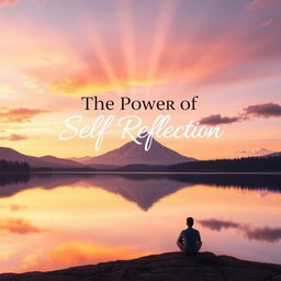 A compelling book cover design for the title 'The Power of Self Reflection', featuring a serene landscape with a calm lake reflecting a majestic mountain range at sunset