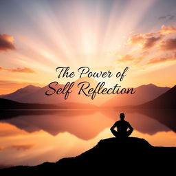 A compelling book cover design for the title 'The Power of Self Reflection', featuring a serene landscape with a calm lake reflecting a majestic mountain range at sunset