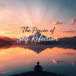 A compelling book cover design for the title 'The Power of Self Reflection', featuring a serene landscape with a calm lake reflecting a majestic mountain range at sunset