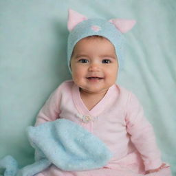 A cute baby of Persian ethnicity. The baby is adorned in a beautiful outfit, lying on a soft, pastel-colored baby blanket. The baby's eyes sparkles with joy and there's a playful smile on the baby's face.