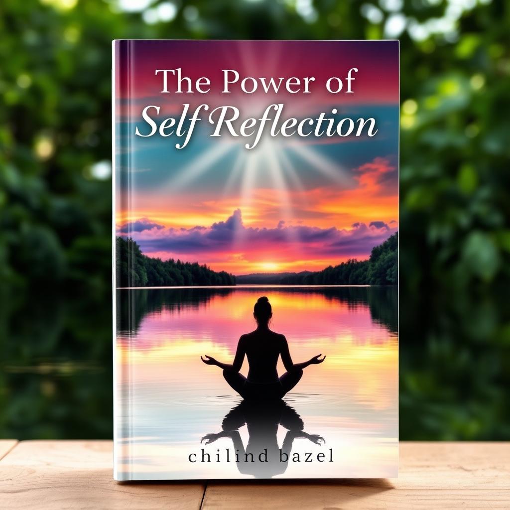 A captivating book cover design for 'The Power of Self Reflection', featuring a tranquil scene of a person meditating by a serene lake surrounded by lush greenery