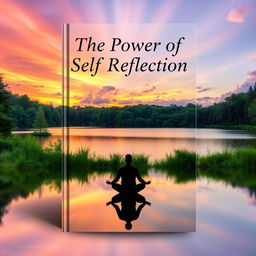 A captivating book cover design for 'The Power of Self Reflection', featuring a tranquil scene of a person meditating by a serene lake surrounded by lush greenery