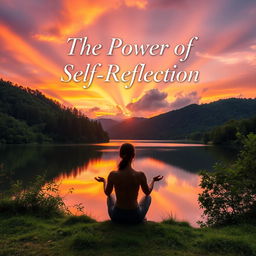 A captivating book cover design for 'The Power of Self Reflection', featuring a tranquil scene of a person meditating by a serene lake surrounded by lush greenery