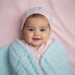 A cute baby of Persian ethnicity. The baby is adorned in a beautiful outfit, lying on a soft, pastel-colored baby blanket. The baby's eyes sparkles with joy and there's a playful smile on the baby's face.