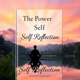 A captivating book cover design for 'The Power of Self Reflection', featuring a tranquil scene of a person meditating by a serene lake surrounded by lush greenery