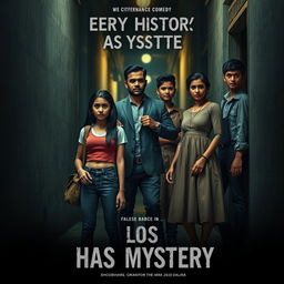 A cinematic horror comedy poster titled 'Every History Has Mystery'