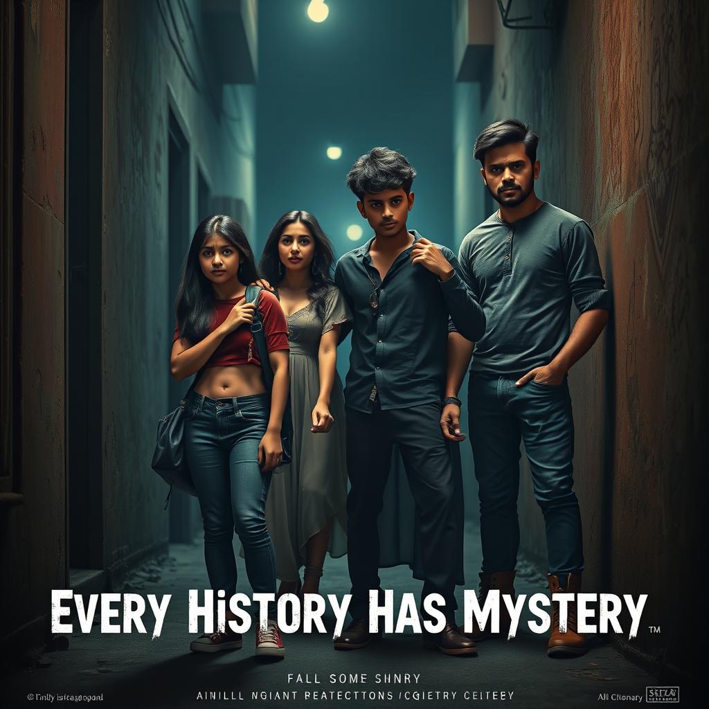 A cinematic horror comedy poster titled 'Every History Has Mystery'