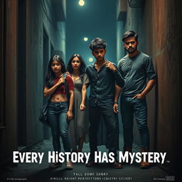 A cinematic horror comedy poster titled 'Every History Has Mystery'