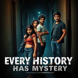 A cinematic horror comedy poster titled 'Every History Has Mystery'