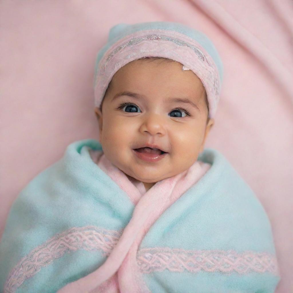 A cute baby of Persian ethnicity. The baby is adorned in a beautiful outfit, lying on a soft, pastel-colored baby blanket. The baby's eyes sparkles with joy and there's a playful smile on the baby's face.