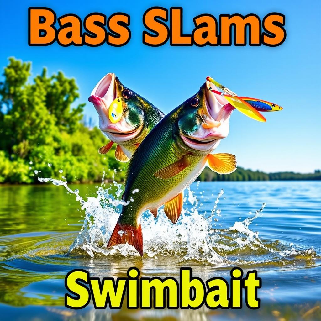 A large bass leaping out of a clear, natural lake, striking a vibrant swimbait lure with dynamic movement