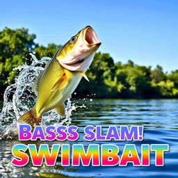 A large bass leaping out of a clear, natural lake, striking a vibrant swimbait lure with dynamic movement