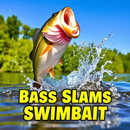 A large bass leaping out of a clear, natural lake, striking a vibrant swimbait lure with dynamic movement