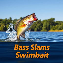 A large bass leaping out of a clear, natural lake, striking a vibrant swimbait lure with dynamic movement