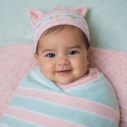 A cute baby of Persian ethnicity. The baby is adorned in a beautiful outfit, lying on a soft, pastel-colored baby blanket. The baby's eyes sparkles with joy and there's a playful smile on the baby's face.