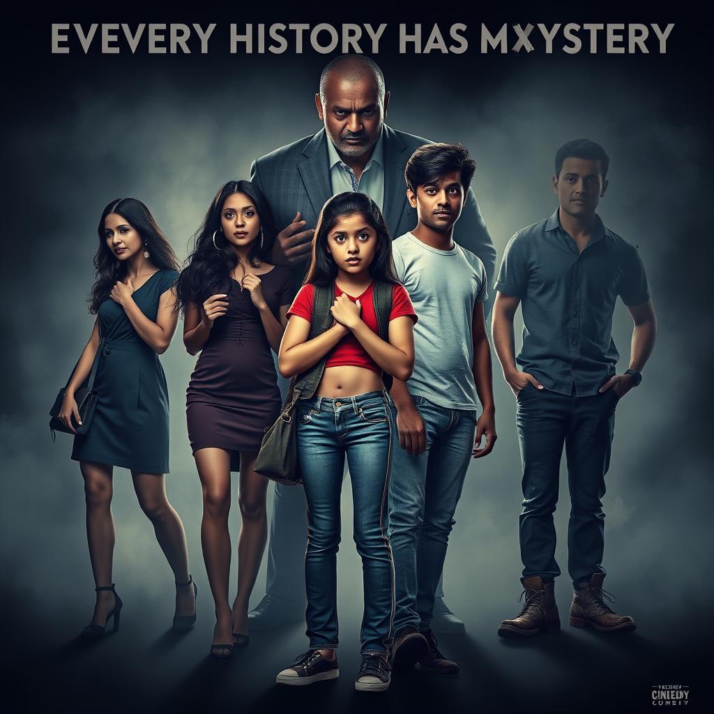 A cinematic horror comedy poster titled 'Every History Has Mystery'