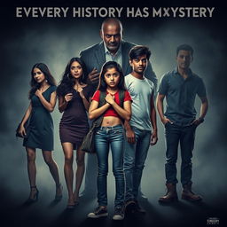 A cinematic horror comedy poster titled 'Every History Has Mystery'