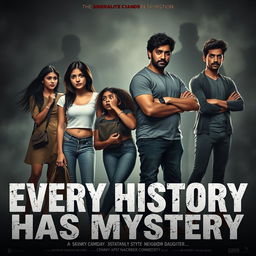 A cinematic horror comedy poster titled 'Every History Has Mystery'