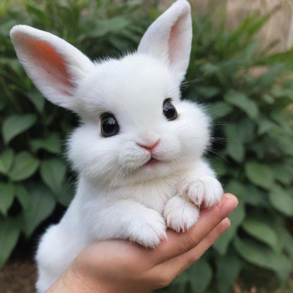 Tiny, white bunny Luna, with big doe-eyes full of excitement, holding a sparkling, magical seed delicately in her small paws.