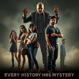 A cinematic horror comedy poster titled 'Every History Has Mystery'