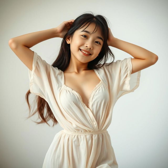 An Asian girl stretching playfully, showcasing her midriff and cleavage through a delicate, flowing sleeping dress