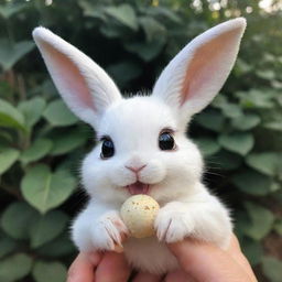 Tiny, white bunny Luna, with big doe-eyes full of excitement, holding a sparkling, magical seed delicately in her small paws.