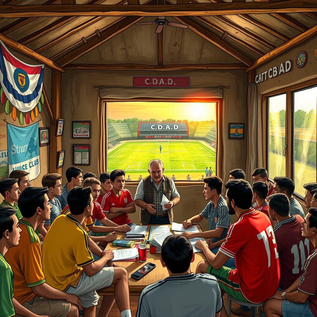 A vibrant and dynamic scene depicting a community meeting in a small village, where young men from two teams are enthusiastically discussing plans with a distinguished local president